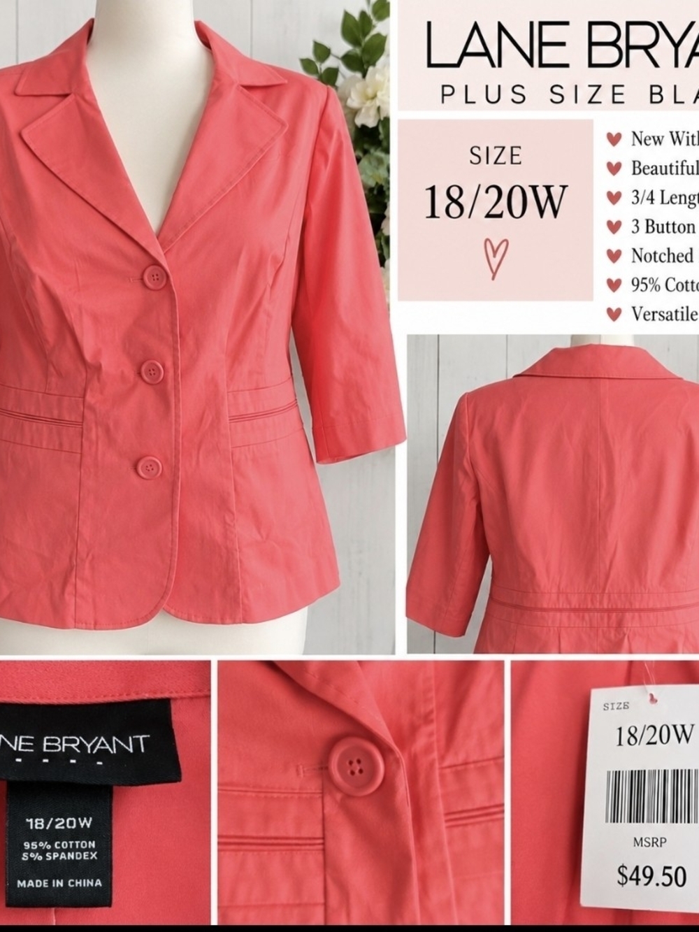 Lane Bryant Coral Pink 3-Button Plus Size Blazer